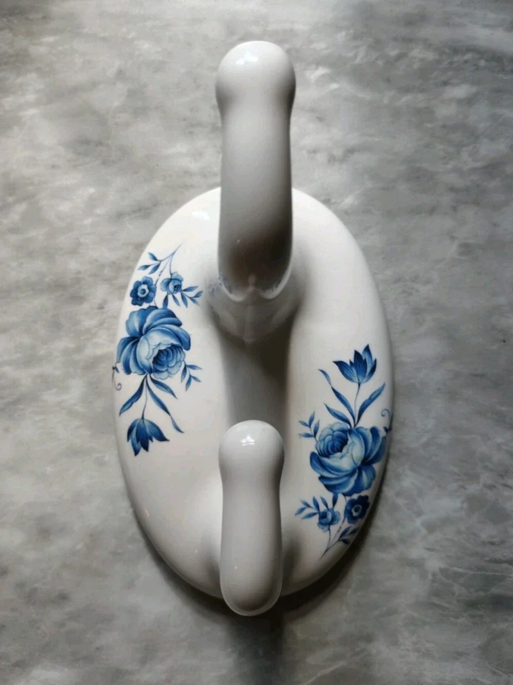 Vintage Double Wall Hook White Porcelain Ceramic Blue Roses